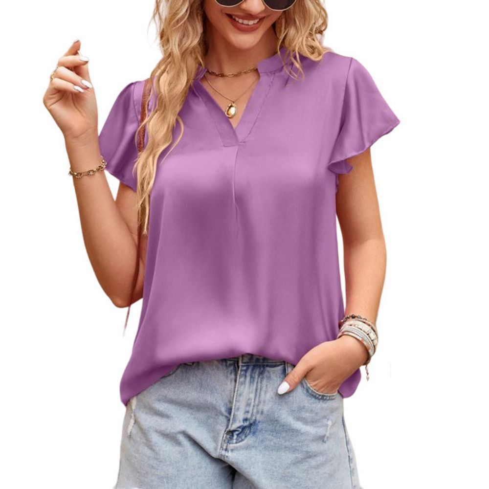 Camisa Purple Pleated Detail Butterfly Sleeve Notch Neck Top Size S
